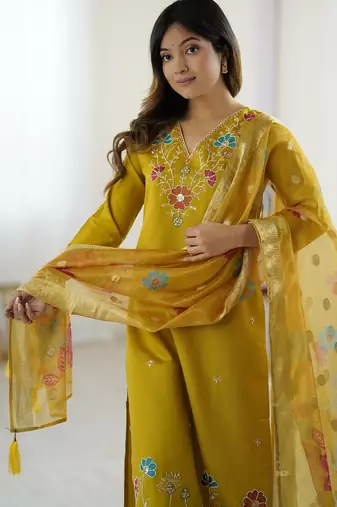 Women's yellow viscose silk sequin stone embroidered kurta pant set with organza dupatta