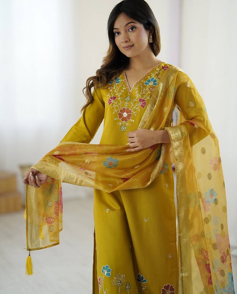 Women's yellow viscose silk sequin stone embroidered kurta pant set with organza dupatta