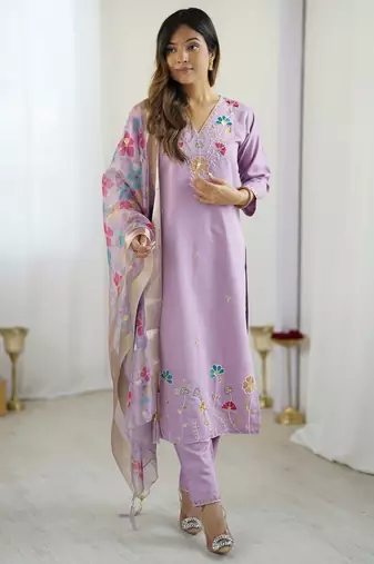 Women's lavender viscose silk sequin stone embroidered kurta pant set with organza dupatta