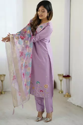 Women's lavender viscose silk sequin stone embroidered kurta pant set with organza dupatta
