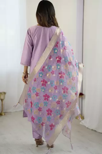 Women's lavender viscose silk sequin stone embroidered kurta pant set with organza dupatta
