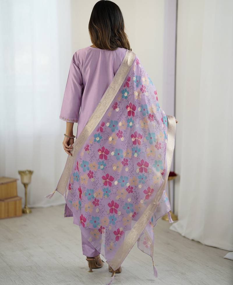 Women's lavender viscose silk sequin stone embroidered kurta pant set with organza dupatta