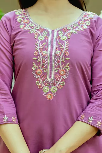 Women's dark pink viscose chanderi silk embroidered kurta pant set with organza dupatta