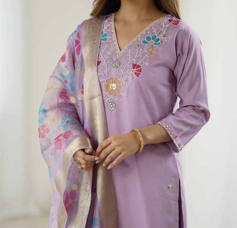 Women's lavender viscose silk sequin stone embroidered kurta pant set with organza dupatta