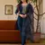 Women's navy blue viscose chanderi sequin embroidered kurta pant set with organza dupatta