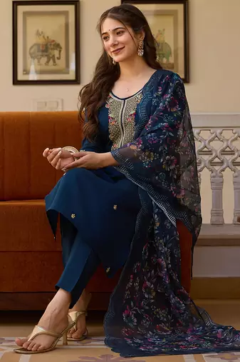 Women's navy blue viscose chanderi sequin embroidered kurta pant set with organza dupatta