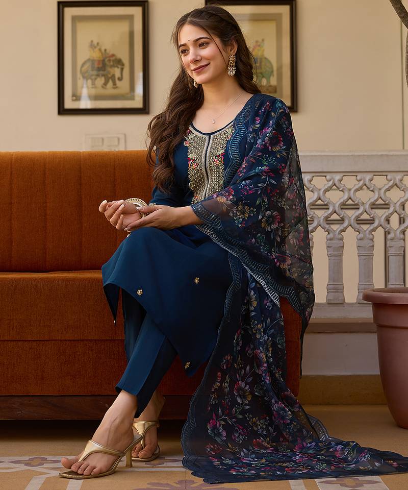 Women's navy blue viscose chanderi sequin embroidered kurta pant set with organza dupatta