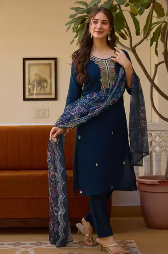 Women's navy blue viscose chanderi sequin embroidered kurta pant set with organza dupatta
