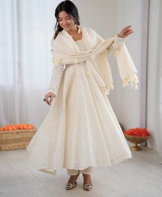 Cream Pure Kora Cotton Heavy Embroidery Work Summer wear Gown 1
