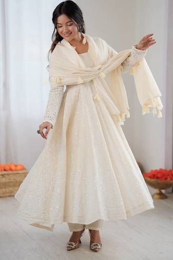 Cream Pure Kora Cotton Heavy Embroidery Work Summer wear Gown 