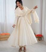 Cream Pure Kora Cotton Heavy Embroidery Work Summer wear Gown 