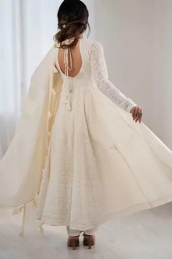 Cream Pure Kora Cotton Heavy Embroidery Work Summer wear Gown