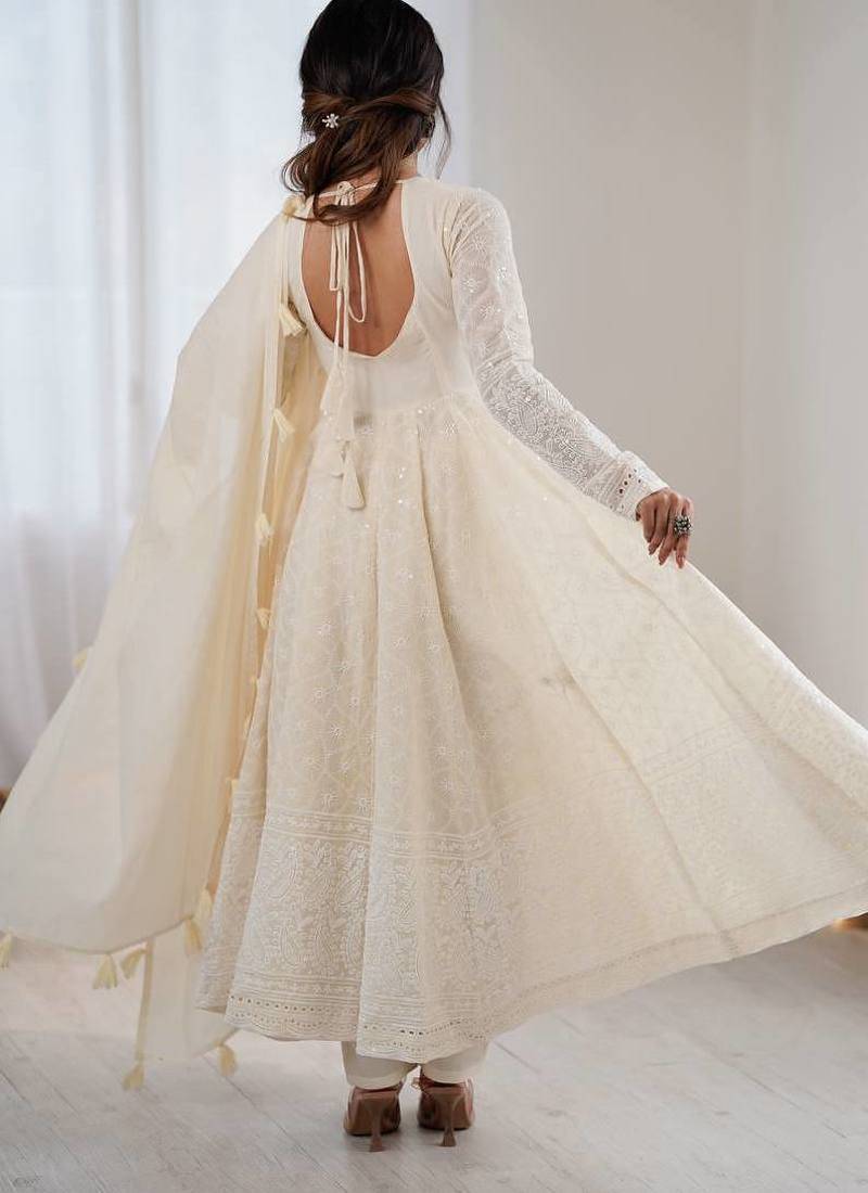 Cream Pure Kora Cotton Heavy Embroidery Work Summer wear Gown 