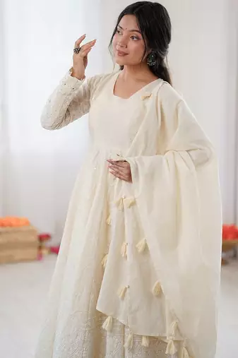 Cream Pure Kora Cotton Heavy Embroidery Work Summer wear Gown