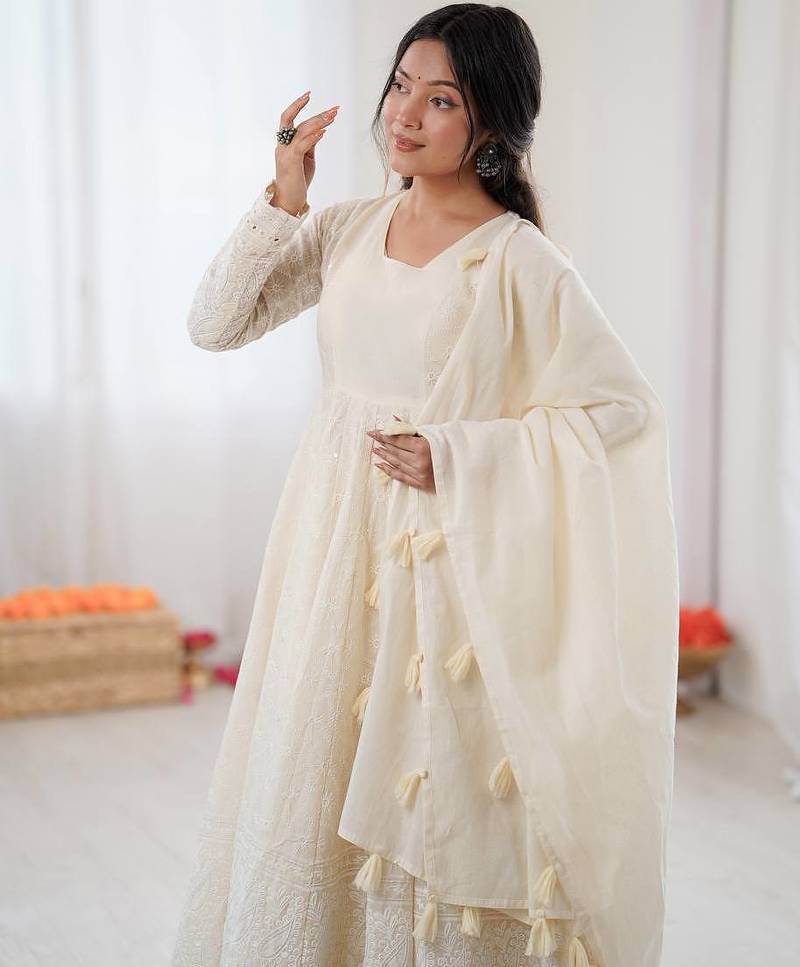 Cream Pure Kora Cotton Heavy Embroidery Work Summer wear Gown 