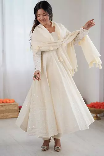 Cream Pure Kora Cotton Heavy Embroidery Work Summer wear Gown
