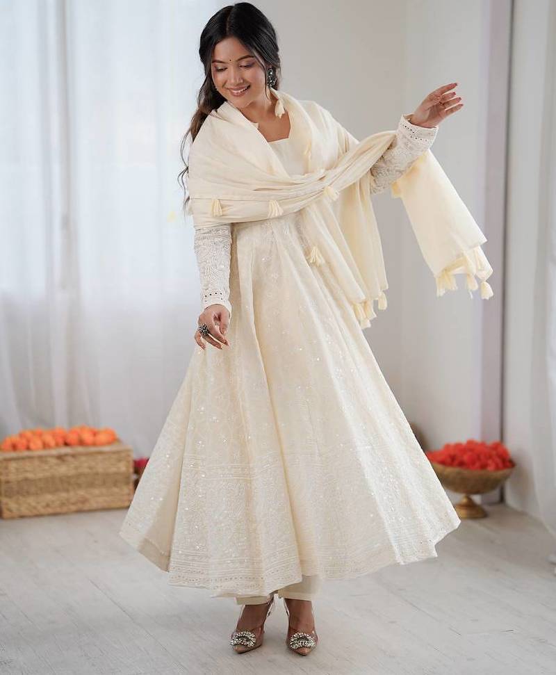 Cream Pure Kora Cotton Heavy Embroidery Work Summer wear Gown 