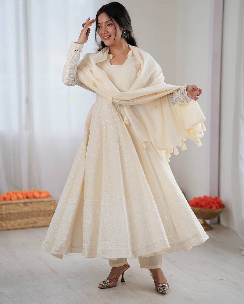 Cream Pure Kora Cotton Heavy Embroidery Work Summer wear Gown 