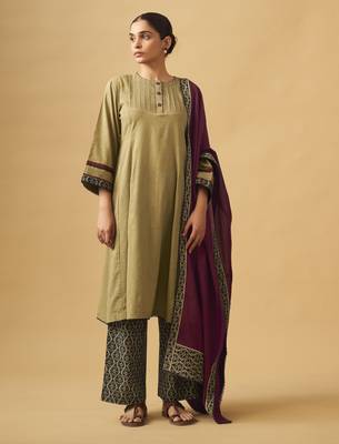 Classic mustard cotton kurta set with printed bottoms 1