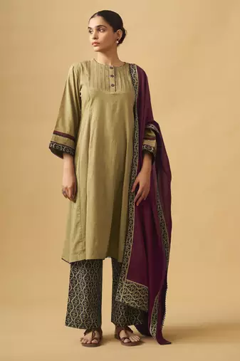 Classic mustard cotton kurta set with printed bottoms