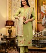 Women's lemon green viscose silk embroidered kurta pant set with jacquard organza dupatt