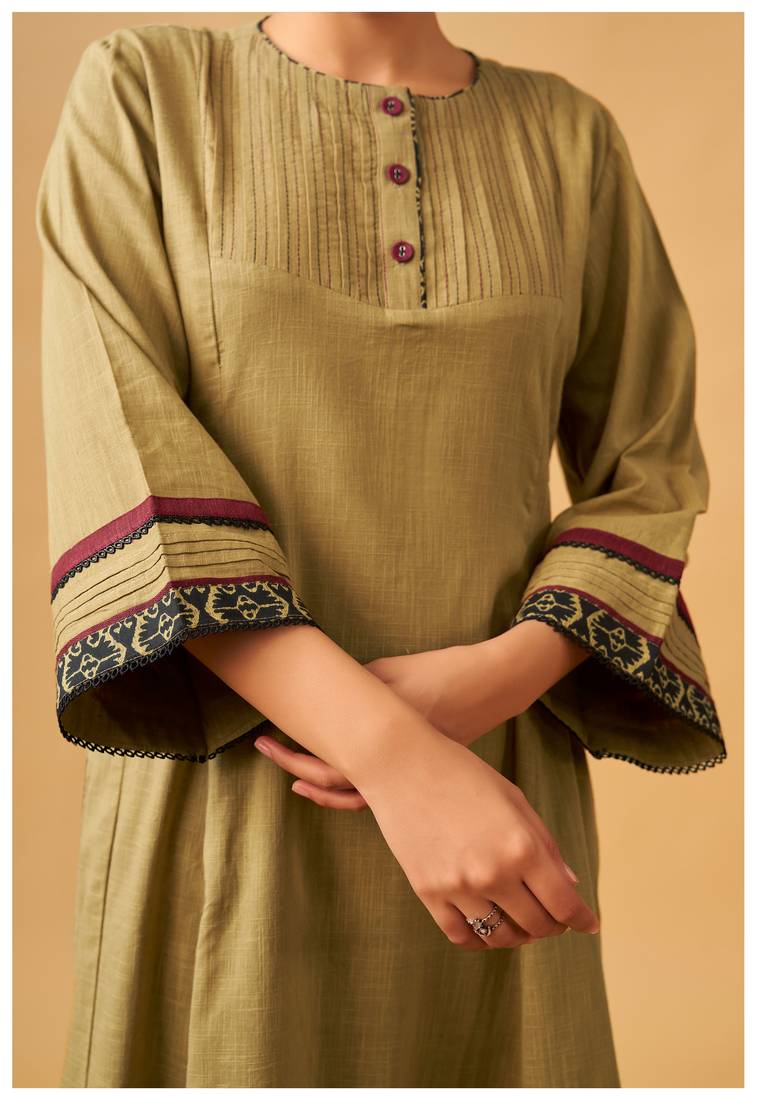 Classic mustard cotton kurta set with printed bottoms