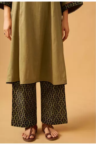 Classic mustard cotton kurta set with printed bottoms