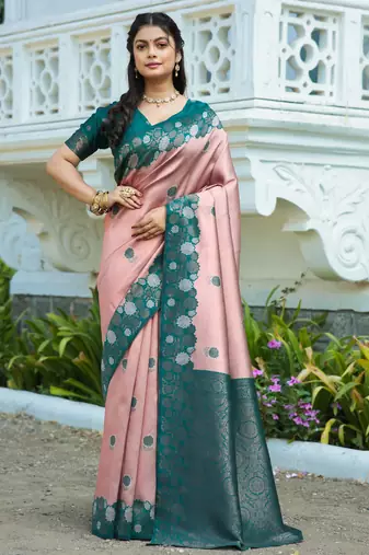Rama peach  soft silk blend banarasi jacuard work designer party wear saree with unstitched blouse piece