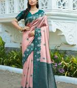 Rama peach  soft silk blend banarasi jacuard work designer party wear saree with unstitched blouse piece