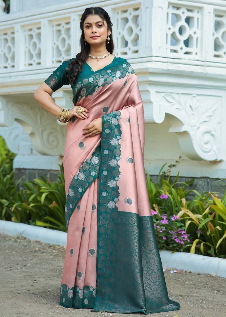 Rama peach  soft silk blend banarasi jacuard work designer party wear saree with unstitched blouse piece