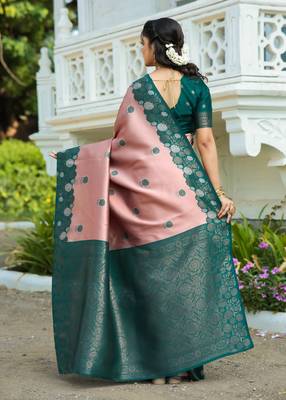 rama peach silk blend banarasi saree with unstitched blouse piece 2