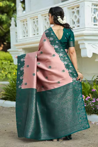 rama peach silk blend banarasi saree with unstitched blouse piece
