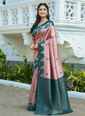 rama peach silk blend banarasi saree with unstitched blouse piece 3