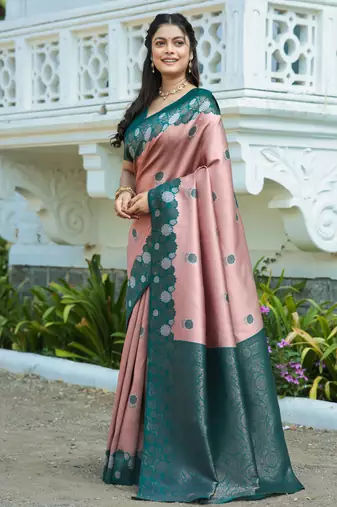 rama peach silk blend banarasi saree with unstitched blouse piece