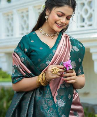 rama peach silk blend banarasi saree with unstitched blouse piece 4