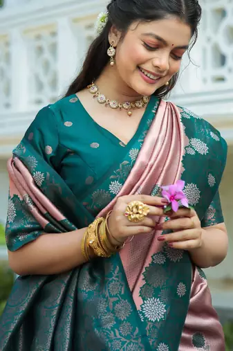 rama peach silk blend banarasi saree with unstitched blouse piece