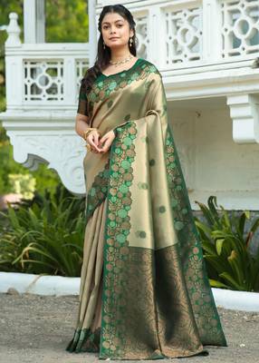 pista green silk blend banarasi saree with unstitched blouse piece 2
