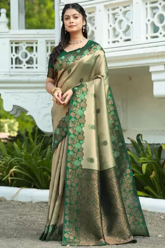 pista green silk blend banarasi saree with unstitched blouse piece