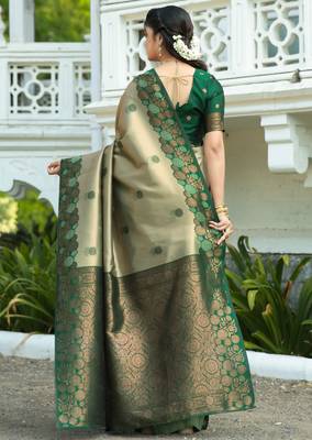 pista green silk blend banarasi saree with unstitched blouse piece 3
