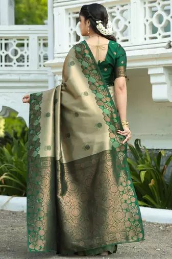 pista green silk blend banarasi saree with unstitched blouse piece