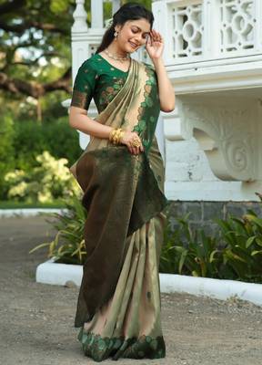 pista green silk blend banarasi saree with unstitched blouse piece 4