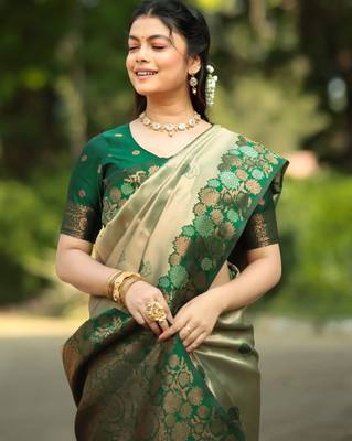 pista green silk blend banarasi saree with unstitched blouse piece 1