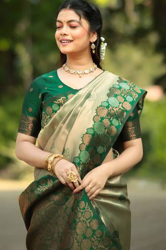 pista green  soft art silk blend banarasi jacuard work designer party wear saree with unstitched blouse piece