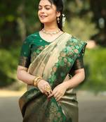pista green silk blend banarasi saree with unstitched blouse piece