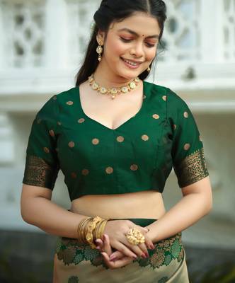 pista green silk blend banarasi saree with unstitched blouse piece 5