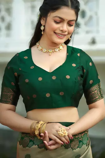 pista green silk blend banarasi saree with unstitched blouse piece