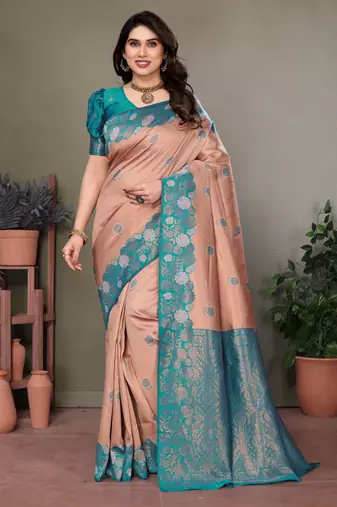 rama peach silk blend banarasi saree with unstitched blouse piece