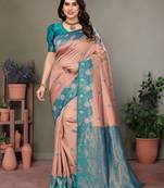Rama peach  soft silk blend banarasi jacuard work designer party wear saree with unstitched blouse piece