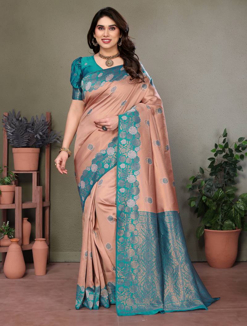 Rama peach  soft silk blend banarasi jacuard work designer party wear saree with unstitched blouse piece