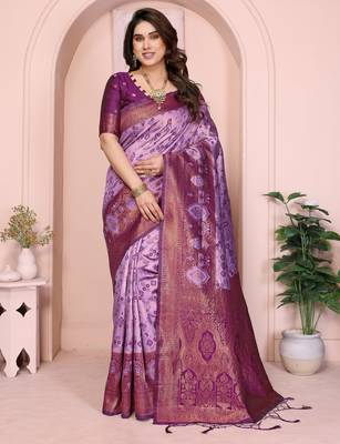 Lavender wine silk blend banarasi saree with unstitched blouse piece 1